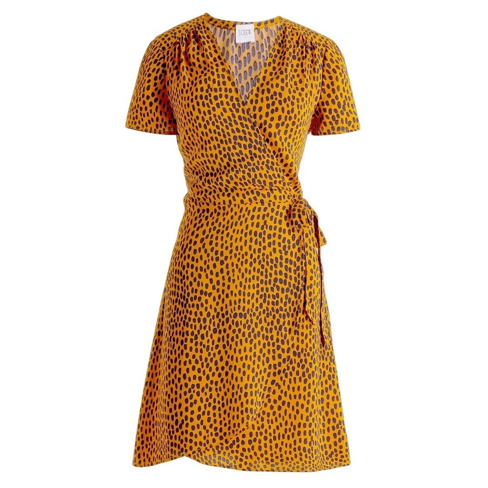 J.Crew Wrap Dress Womens Size 2 Orange Animal‎ Print Short Sleeve V-Neck NWOT